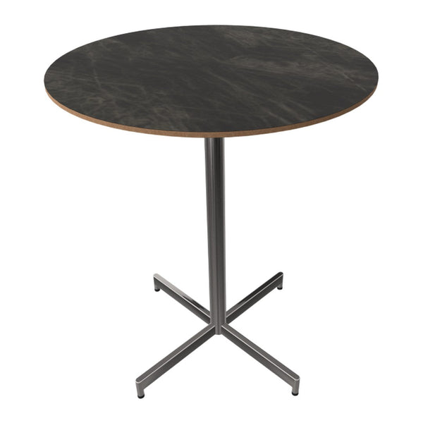 Round table with a dark marble top and wooden edge, featuring a sleek silver metal base. Perfect for modern decor.