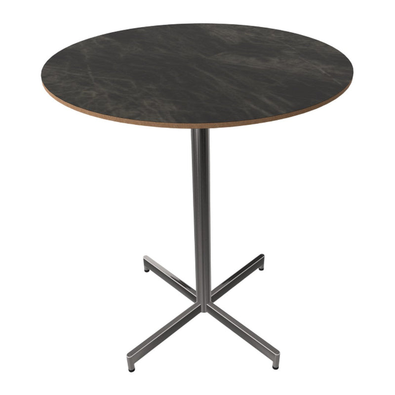 Round table with a dark marble top and wooden edge, featuring a sleek silver metal base. Perfect for modern decor.
