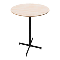 Light wood round tabletop with natural grain pattern on a sleek black metal base. Ideal for modern decor.