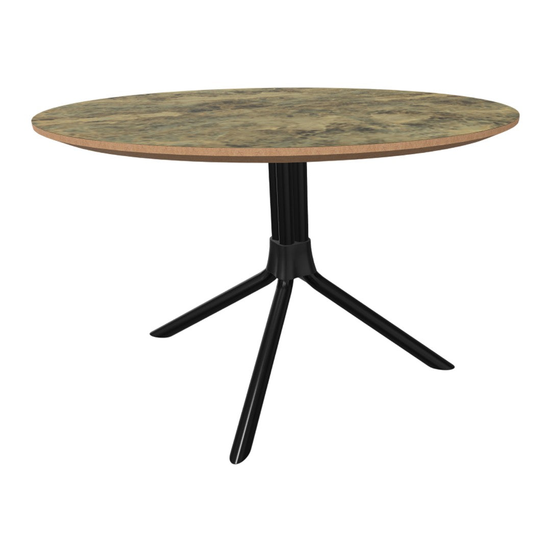 Round table with a marbled green and beige top, featuring a sleek black base and modern tripod legs.