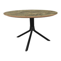 Round table with a marbled green and beige top, featuring a sleek black base and modern tripod legs.