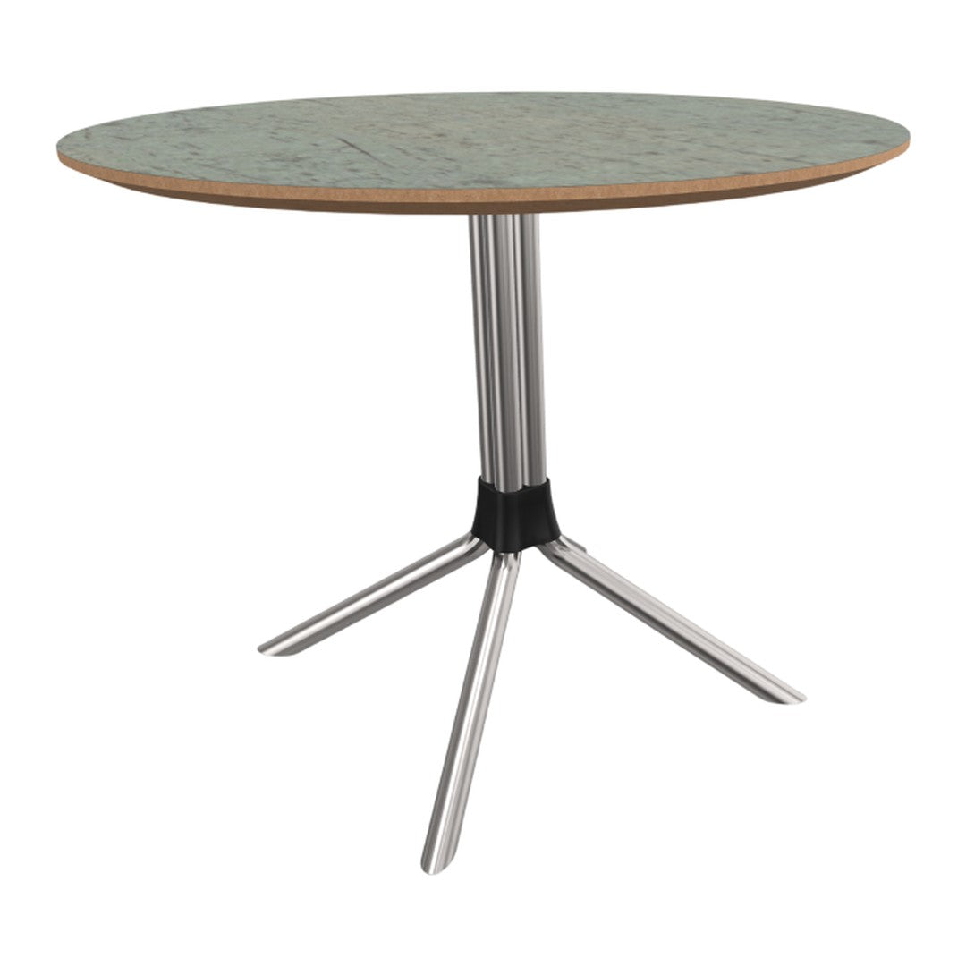 Round table with a light green patterned top and natural wood edge, supported by a sleek silver tripod base.