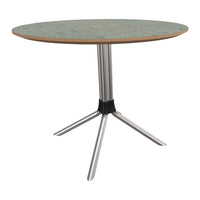 Round table with a light green patterned top and natural wood edge, supported by a sleek silver tripod base.