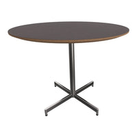 Round table with a dark wood top and metallic silver base, featuring clean lines and a sleek finish.