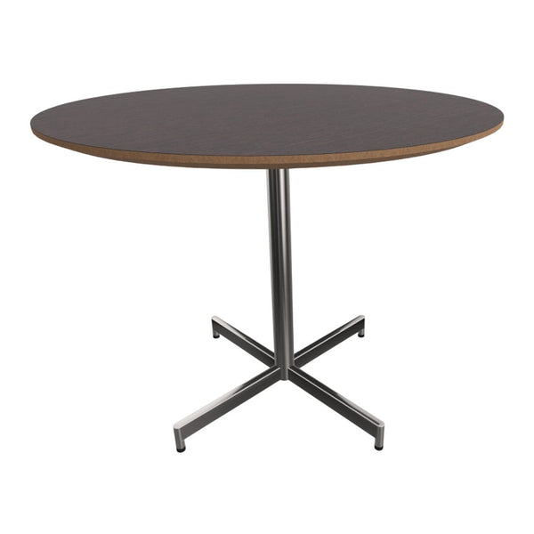 Round table with a dark wood top and metallic silver base, featuring clean lines and a sleek finish.