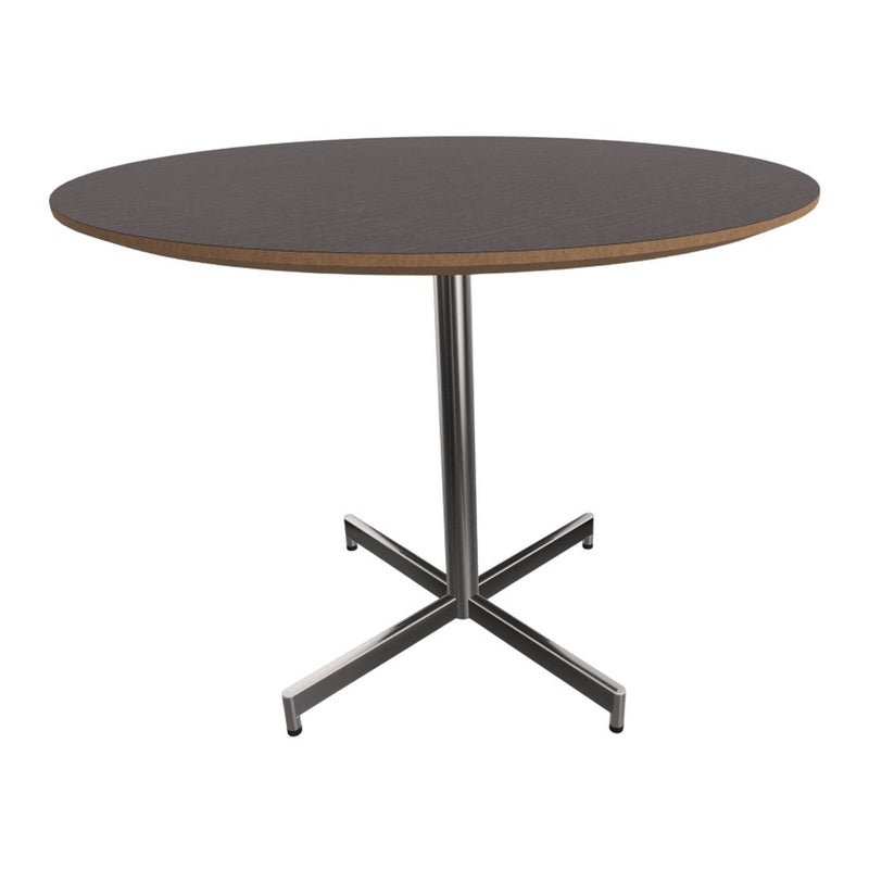 Round table with a dark wood top and metallic silver base, featuring clean lines and a sleek finish.