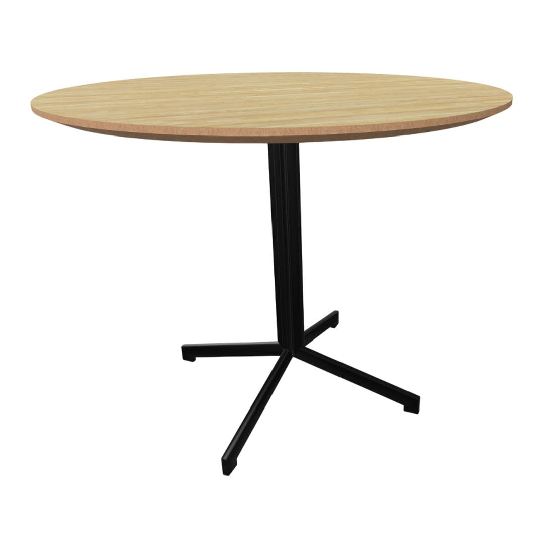 Round wooden table with a light oak top and a sleek black metal base, featuring a modern, minimalist design.