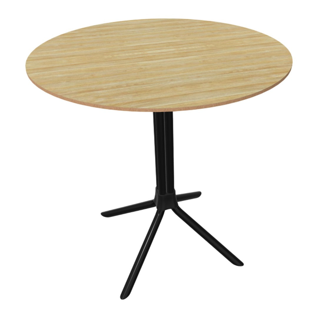 Round wooden table with a light beige finish, featuring a black tripod base for a modern look.