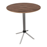 Round table with a rich brown wood grain top and sleek silver metal base, featuring a modern, minimalist design.