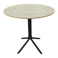 Round table with a light wood grain top and sleek black tripod base, perfect for modern decor.