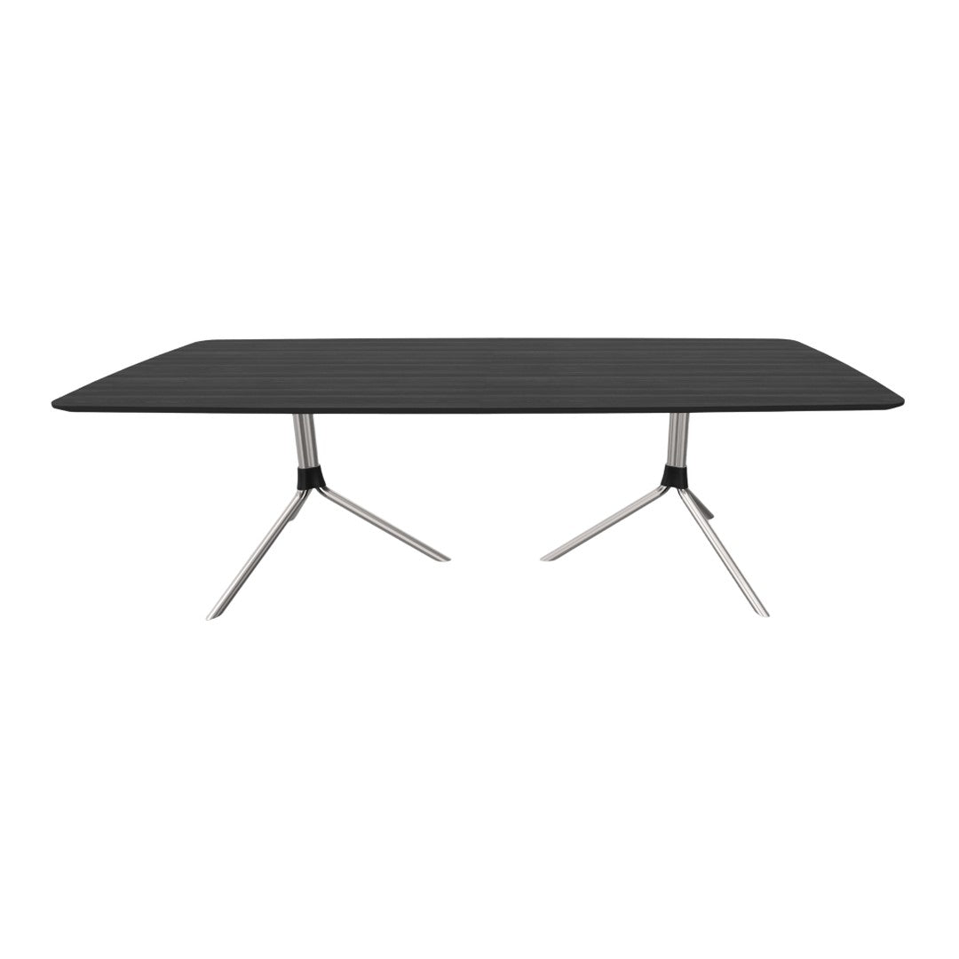 Sleek black rectangular table with subtle wood grain pattern and modern silver legs, perfect for contemporary spaces.