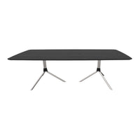 Sleek black rectangular table with subtle wood grain pattern and modern silver legs, perfect for contemporary spaces.