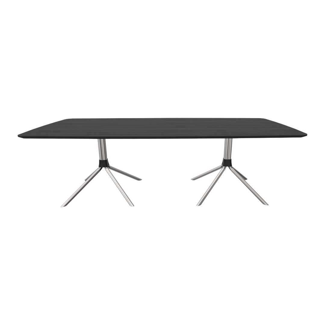 Modern black rectangular table with sleek metallic legs and subtle textured surface. Ideal for contemporary spaces.
