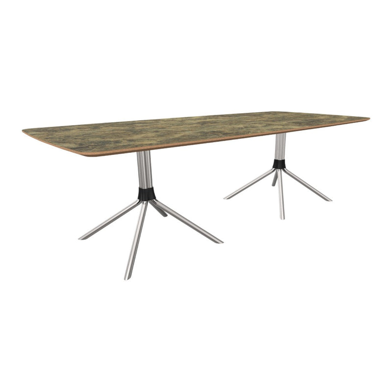Rectangular dining table with a textured green and brown marble-patterned top and sleek silver metal legs.