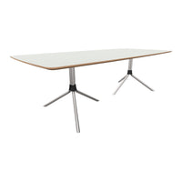 Modern white tabletop with smooth edges, featuring sleek silver legs and wooden accent details. Perfect for contemporary decor.