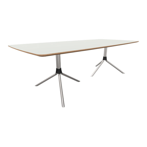 Modern white tabletop with smooth edges, featuring sleek silver legs and wooden accent details. Perfect for contemporary decor.