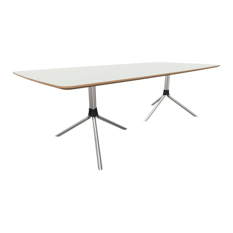 Modern white tabletop with smooth edges, featuring sleek silver legs and wooden accent details. Perfect for contemporary decor.
