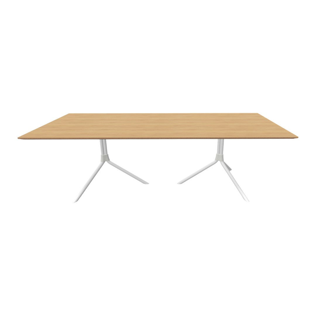 Light wood tabletop with a smooth finish and modern white metal legs, perfect for contemporary spaces.