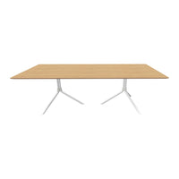 Light wood tabletop with a smooth finish and modern white metal legs, perfect for contemporary spaces.