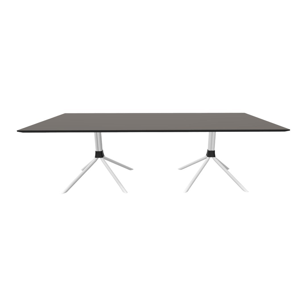 Gray rectangular tabletop with sleek white tripod legs, offering a modern and minimalist design.