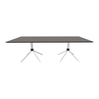 Gray rectangular tabletop with sleek white tripod legs, offering a modern and minimalist design.