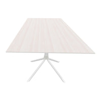 White wooden table with soft light wood grain pattern and a sleek white tripod base. Modern and minimalist design.