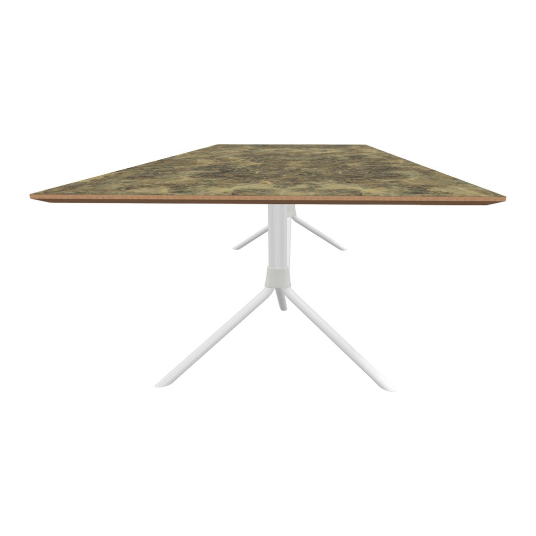 "Stylish rectangular table with a green-brown patterned top and sleek white tripod base."