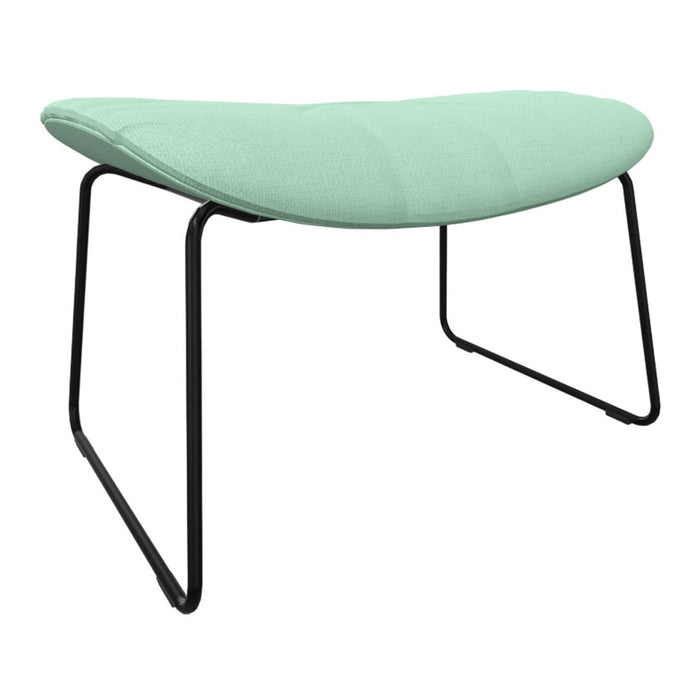 Mint green cushioned stool with a sleek black metal frame, featuring a smooth, modern design and subtle texture.