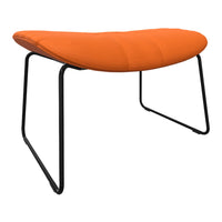 Bright orange cushion stool with a sleek black metal frame, featuring a smooth, contemporary design and subtle fabric texture.