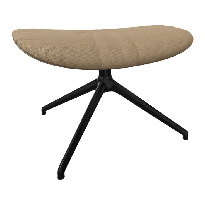 Beige upholstered stool with a smooth texture and black metal legs, perfect for modern decor.