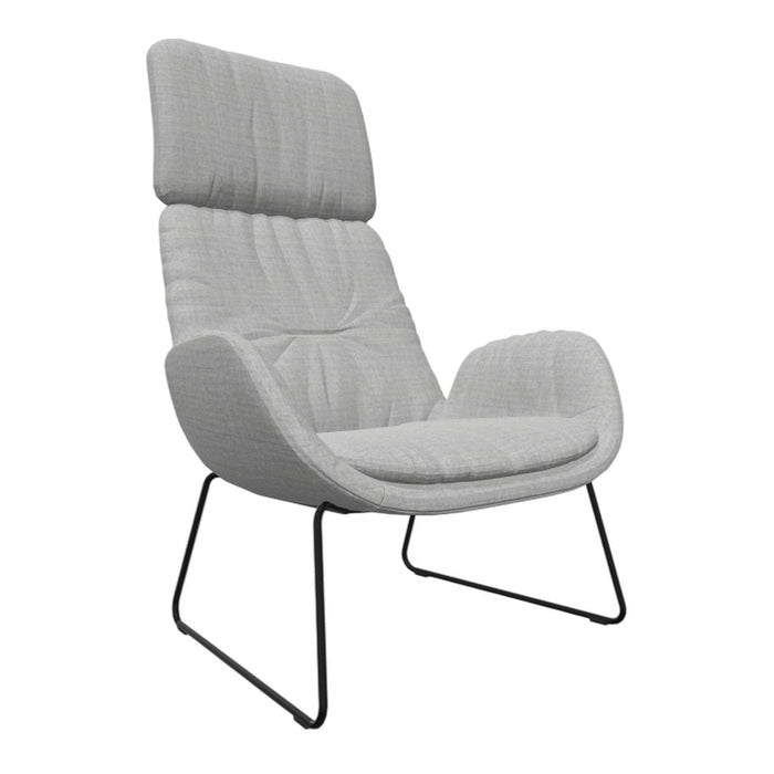 Light gray textured fabric chair with soft curves and sleek black metal legs. Perfect for modern living spaces.