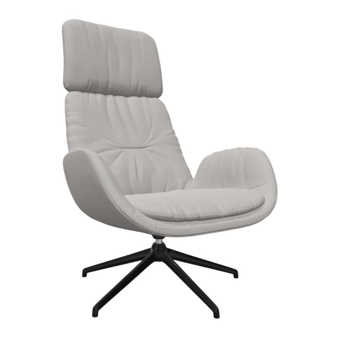 Light gray upholstered chair with stitched pattern and black metal base, offering a modern and stylish look.