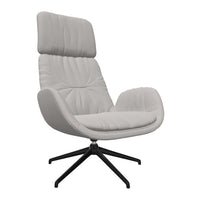 Light gray upholstered chair with stitched pattern and black metal base, offering a modern and stylish look.