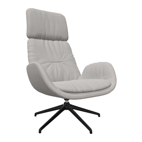 Light gray upholstered chair with stitched pattern and black metal base, offering a modern and stylish look.