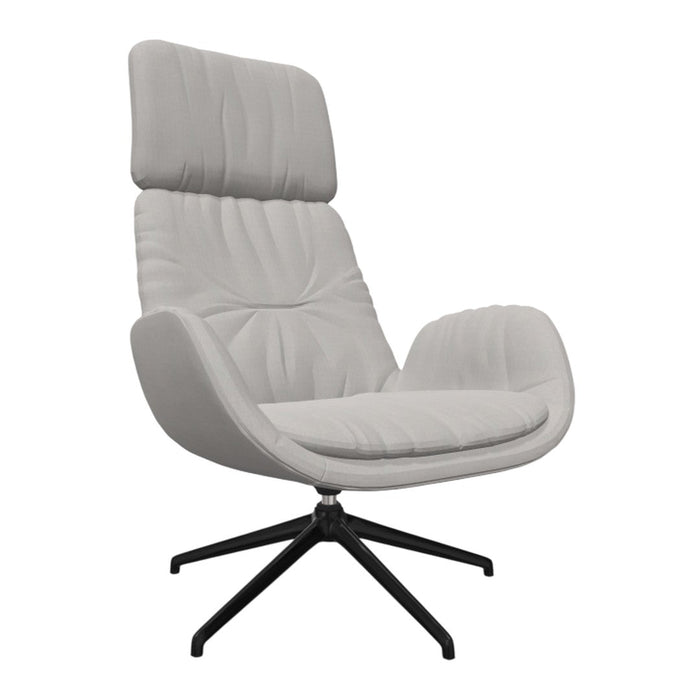 Light gray upholstered chair with stitched pattern and black metal base, offering a modern and stylish look.