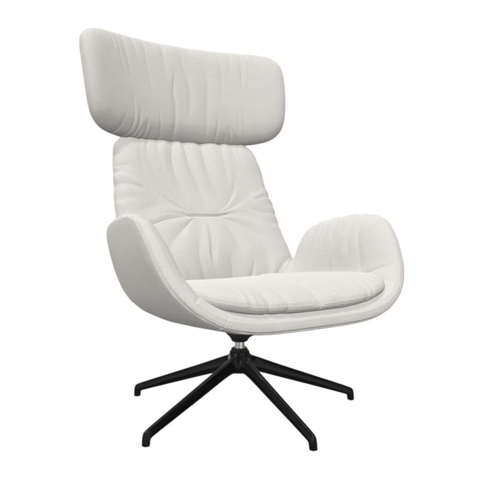 White upholstered chair with a textured pattern and sleek black base. Ideal for modern decor.