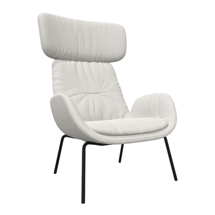 White tufted armchair with sleek black metal legs, showcasing a modern minimalist design. Perfect for contemporary decor.