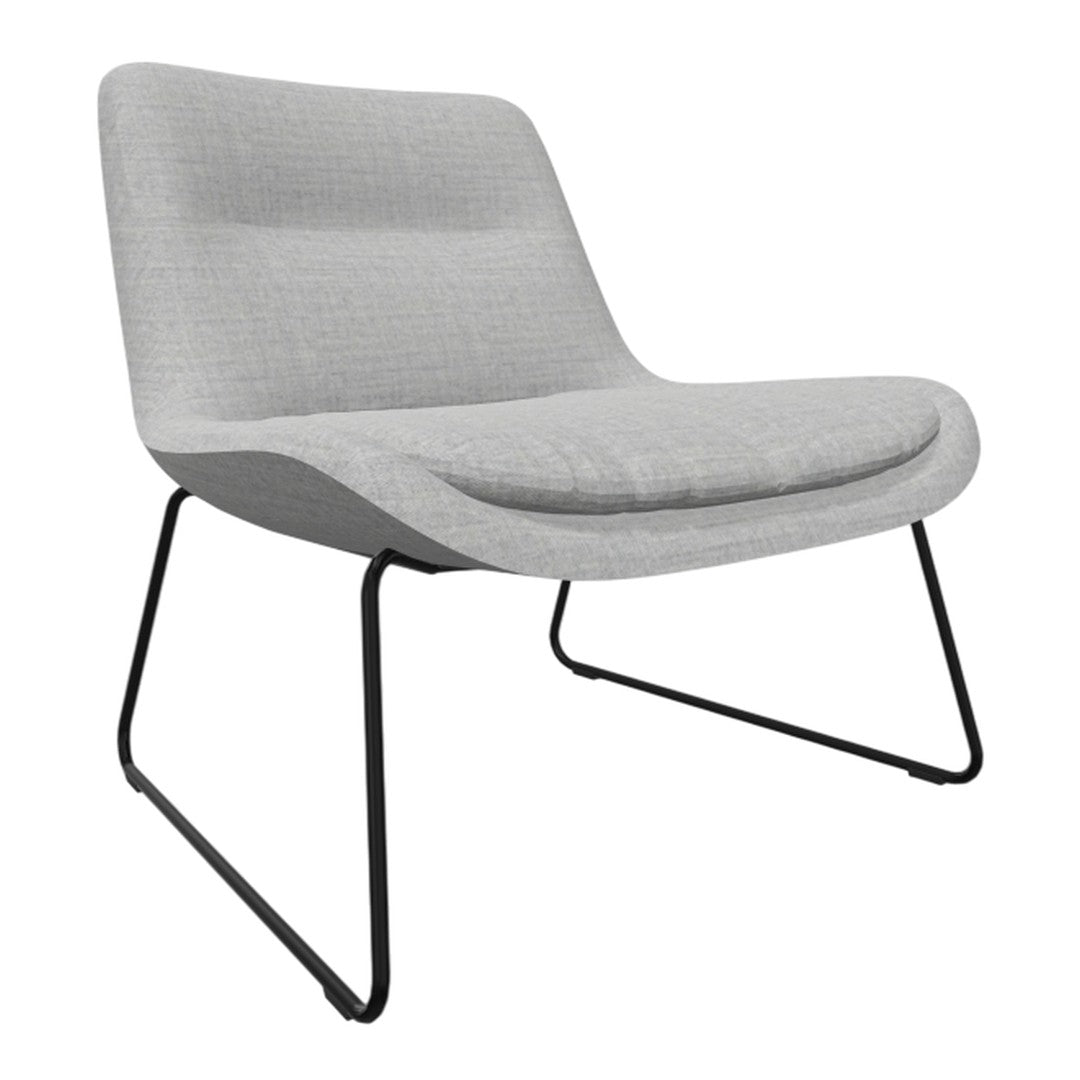 Light gray lounge chair with a sleek black metal frame, featuring a smooth, modern fabric texture.