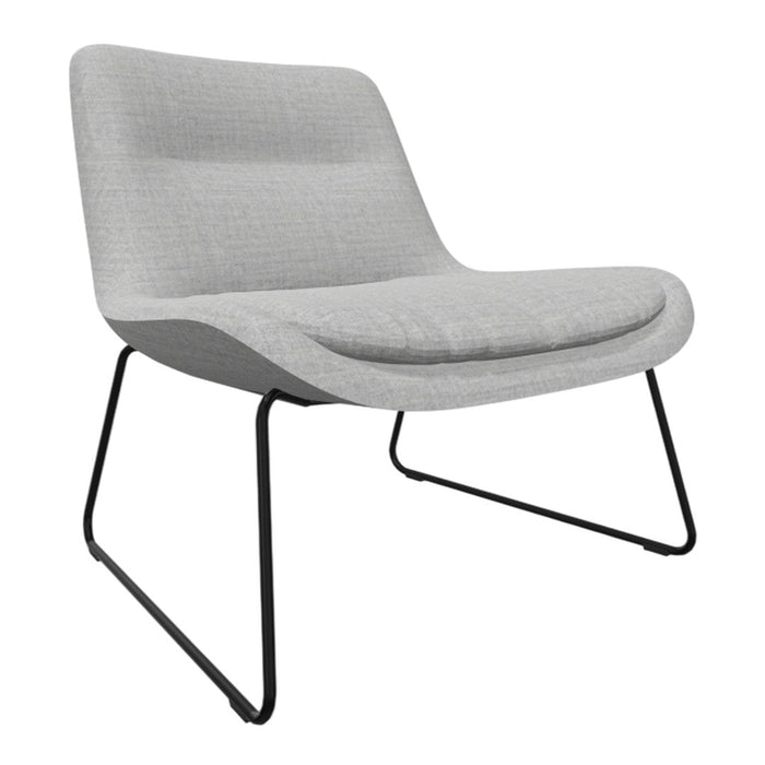 Light gray lounge chair with a sleek black metal frame, featuring a smooth, modern fabric texture.