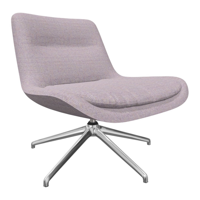 Stylish chair in soft lavender fabric with a subtle herringbone pattern and sleek silver base.