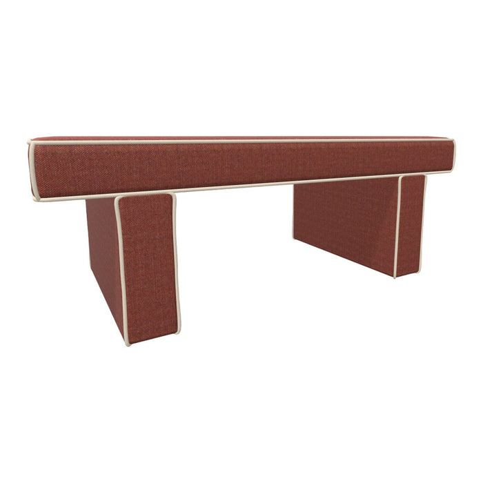 Red upholstered bench with subtle texture and cream piping accents. Stylish and contemporary design for modern spaces.