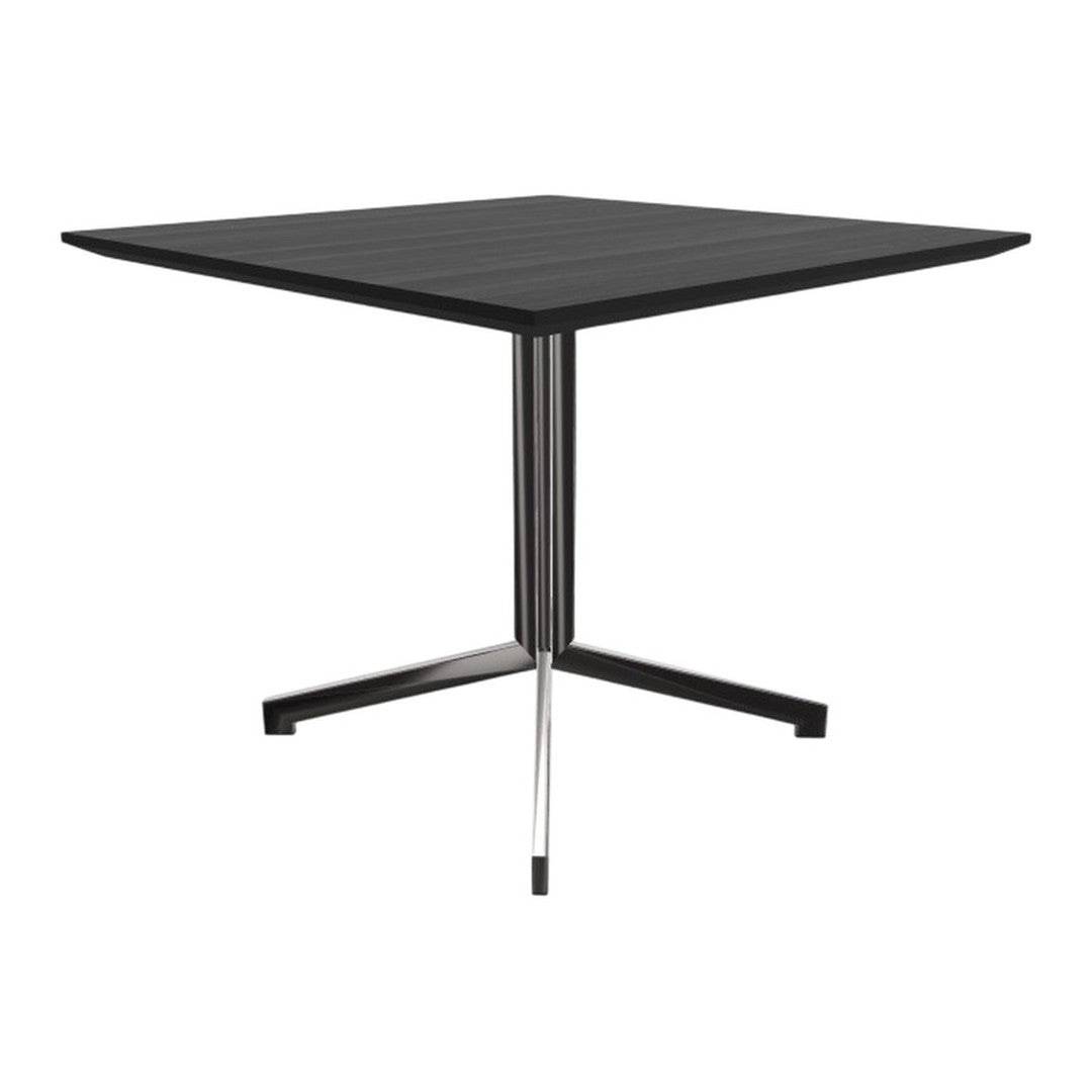 Stylish square black table with a sleek wood grain pattern and metallic chrome legs for modern decor.