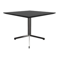 Stylish square black table with a sleek wood grain pattern and metallic chrome legs for modern decor.