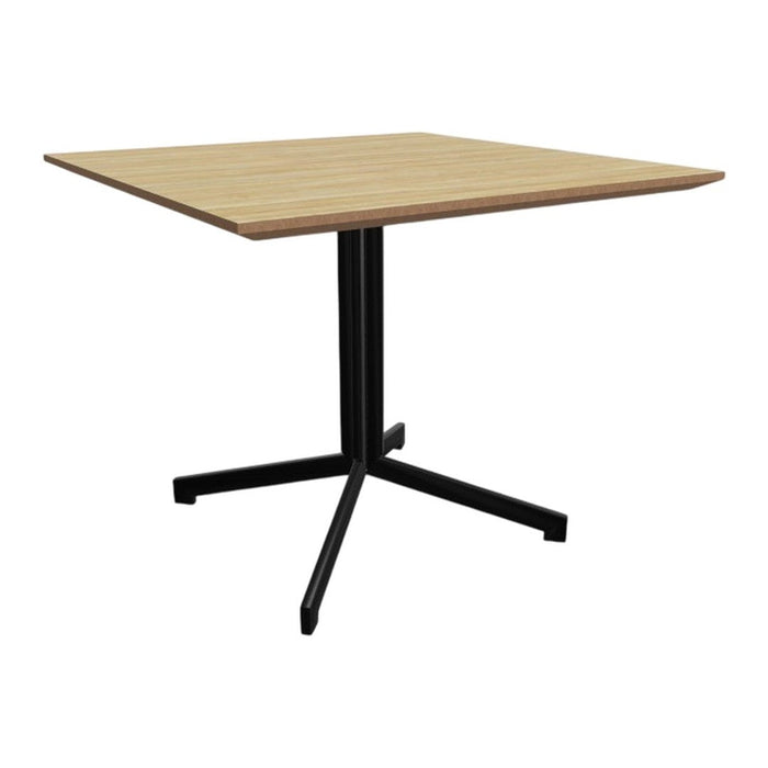 Square table features a natural wood grain top with a sleek black metal base, ideal for modern decor.