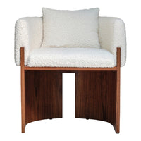 White boucle fabric armchair with a wooden frame and matching cushion, creating a cozy, modern aesthetic.