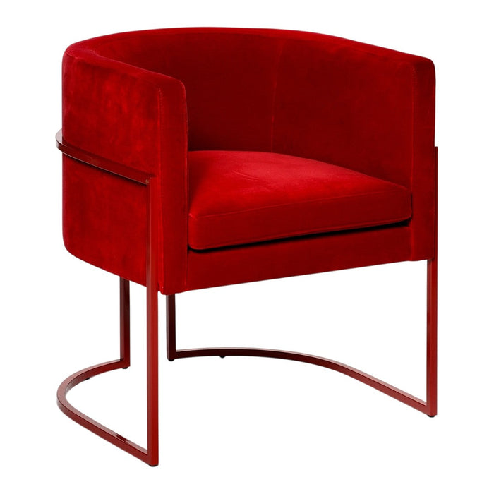 Modern red velvet accent chair with sleek metal frame, featuring a minimalist design and luxurious texture.