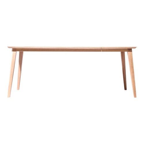 Light wood dining table with a smooth finish and tapered legs, featuring a minimalist design for modern decor.