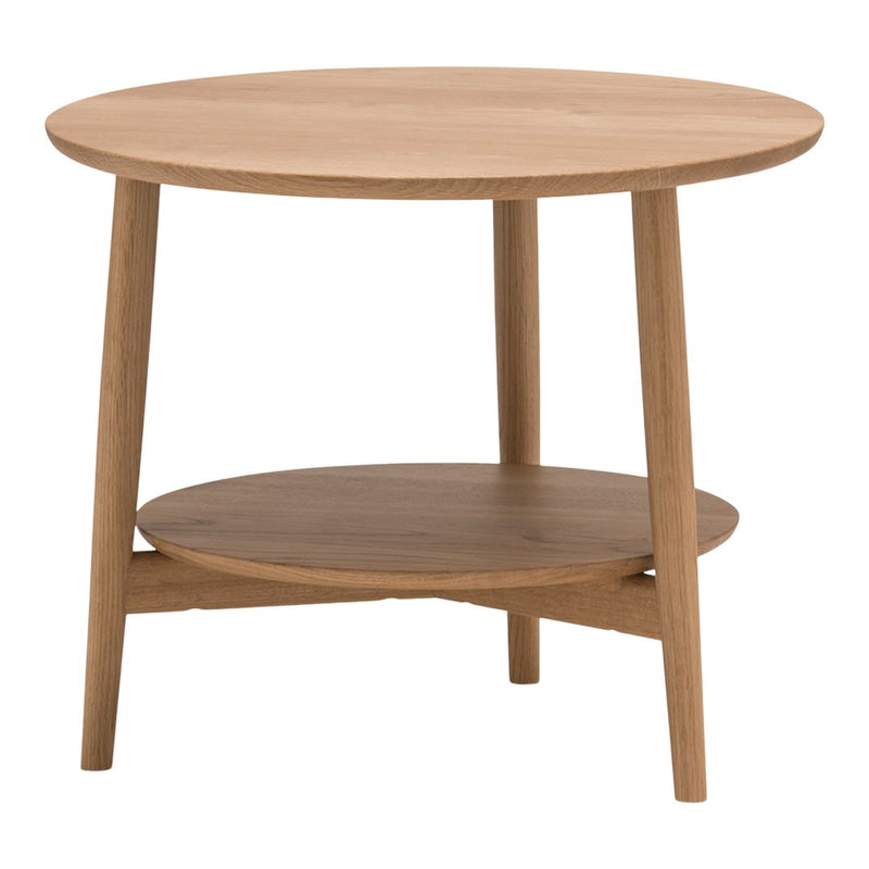 Round wooden coffee table in natural oak finish with smooth surfaces and subtle grain patterns.