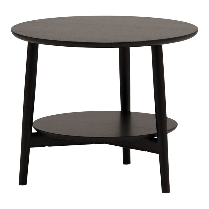 Black round side table with a smooth finish, featuring a lower shelf and minimalist design. Perfect for modern decor.