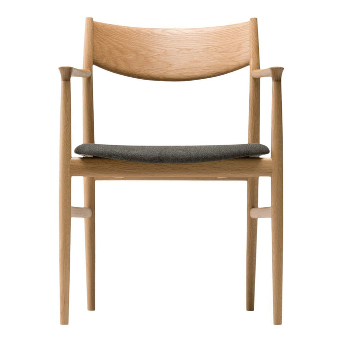 Light oak frame with smooth, natural wood finish; dark gray cushioned seat. Elegant, minimalist design.